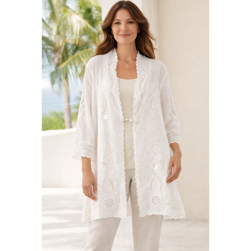 Soft Surroundings Women's White Linen Eyelet Embroidered Tunic Duster Topper 3X